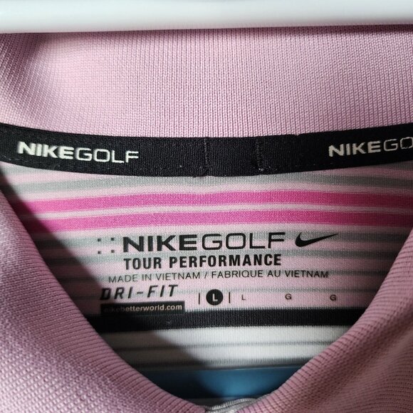 Nike Golf Tour Performance Pink & White Striped Dri-Fit Polo Shirt Size Large - Picture 9 of 15
